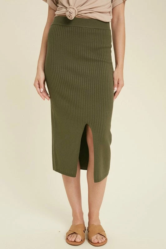 Purple Door Boutique Ladies' Olive Ribbed Knit Midi Skirt 1 Purple Door Boutique Ladies' Olive Ribbed Knit Midi Skirt