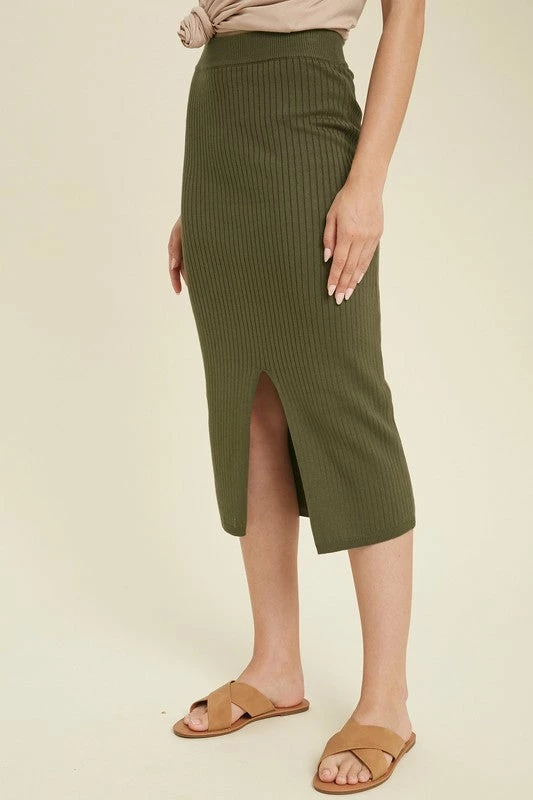 Purple Door Boutique Ladies' Olive Ribbed Knit Midi Skirt 3 Purple Door Boutique Ladies' Olive Ribbed Knit Midi Skirt
