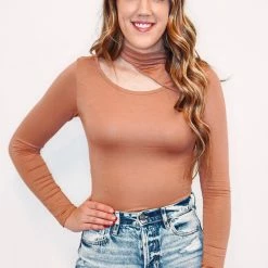 Purple Door Boutique Non Basic Tan Mock Neck Bodysuit New Arrivals