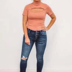 The Purple Door Boutique Wish Away Dusty Peach Ribbed Cut Out Top
