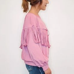 Purple Door Boutique Mauve Fringe Terry Knit Pullover
