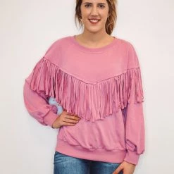 Purple Door Boutique Mauve Fringe Terry Knit Pullover