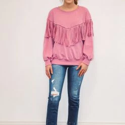 Purple Door Boutique Mauve Fringe Terry Knit Pullover