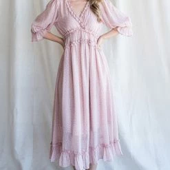 Purple Door Boutique Pink Leopard Ruffled Midi Dress