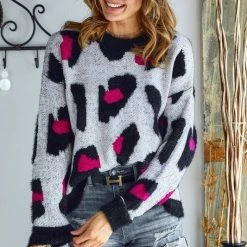 The Purple Door Boutique Ladies' Hot Pink Leopard Print Sweater