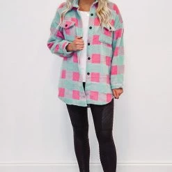 Purple Door Boutique New Arrivals Mint And Pink Plaid Shacket