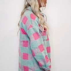 Purple Door Boutique New Arrivals Mint And Pink Plaid Shacket