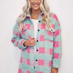 Purple Door Boutique New Arrivals Mint And Pink Plaid Shacket