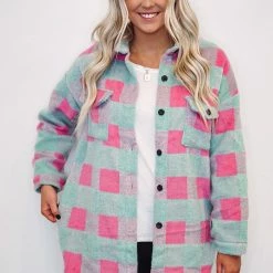 Purple Door Boutique New Arrivals Mint And Pink Plaid Shacket
