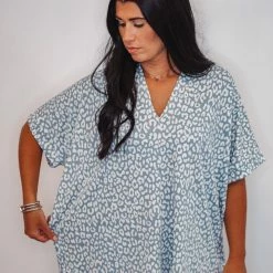 Purple Door Boutique Ladies' Leopard Print Powder Blue Top