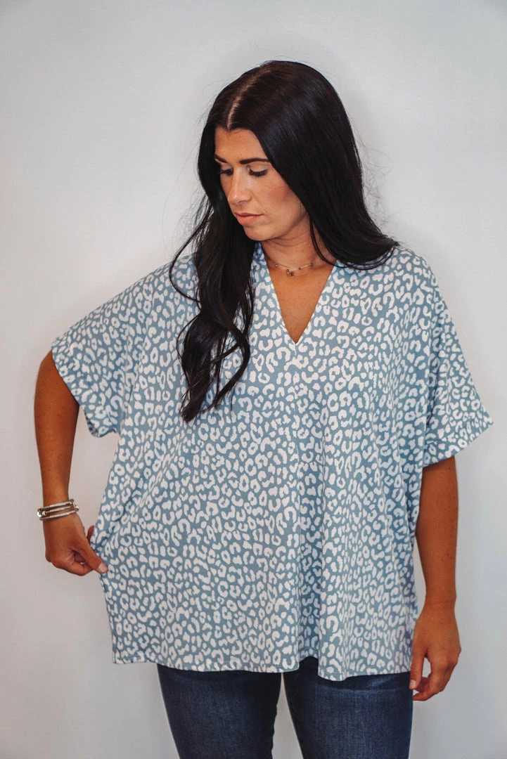 Purple Door Boutique Ladies' Leopard Print Powder Blue Top 2 Purple Door Boutique Ladies' Leopard Print Powder Blue Top