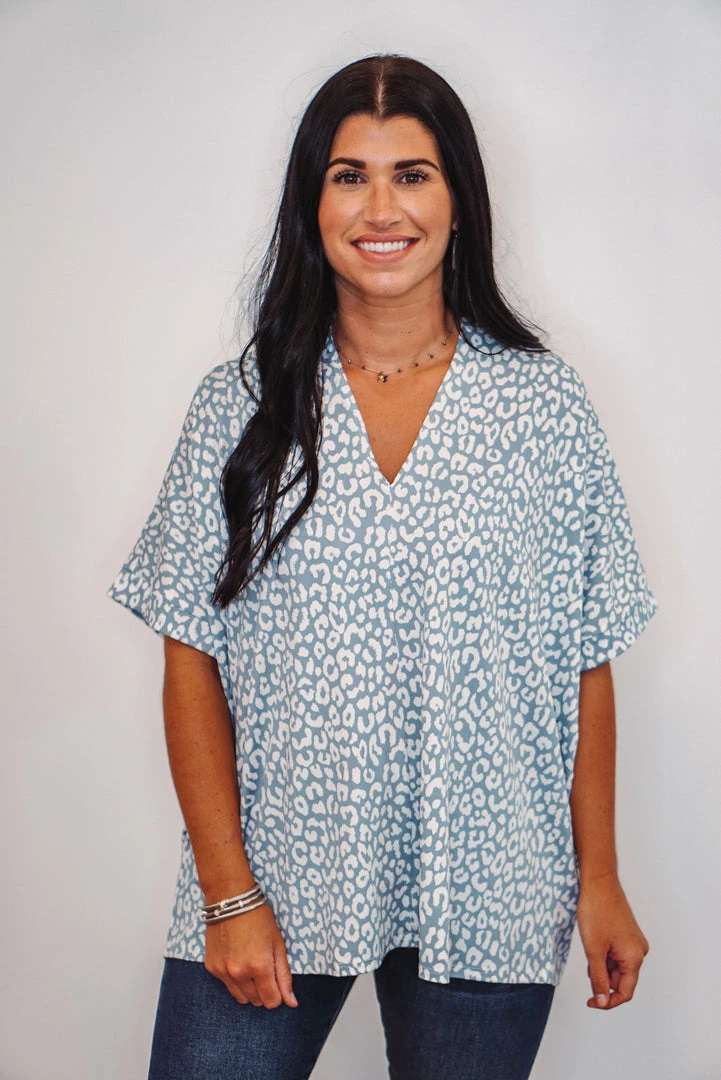 Purple Door Boutique Ladies' Leopard Print Powder Blue Top 1 Purple Door Boutique Ladies' Leopard Print Powder Blue Top