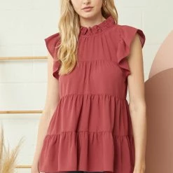 Purple Door Boutique Ladies' Making Memories Marsala Ruffle Tiered Top