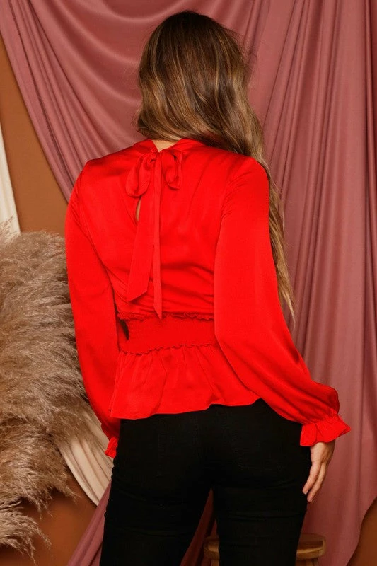 Purple Door Boutique Ladies' Red Hot Satin Peplum Top 3 Purple Door Boutique Ladies' Red Hot Satin Peplum Top