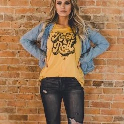Purple Door Boutique Rock And Roll Distressed Mustard Tee