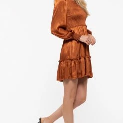 Purple Door Boutique Rust Sunset Smocked Satin Dress