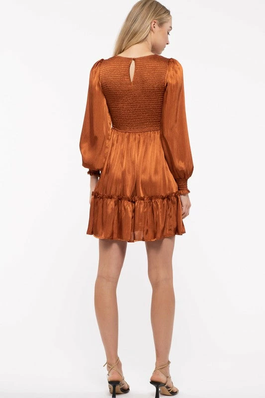 Purple Door Boutique Rust Sunset Smocked Satin Dress 3 Purple Door Boutique Rust Sunset Smocked Satin Dress