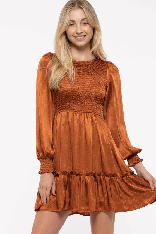Purple Door Boutique Rust Sunset Smocked Satin Dress 1 Purple Door Boutique Rust Sunset Smocked Satin Dress