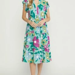 Purple Door Boutique Spring Floral Sage Midi Dress Ladies'