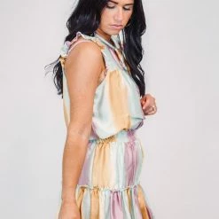 Adrienne Ombre Satin Tiered Ruffle Mint Dress Summer SALE