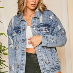 Purple Door Boutique Sequin Star Blue Jean Distressed Denim Jacket