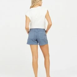 Spanx Stretch Twill Shorts In Slate Blue