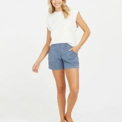 Spanx Stretch Twill Shorts In Slate Blue