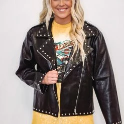 Purple Door Boutique Studded Black Leather Moto Jacket New Arrivals