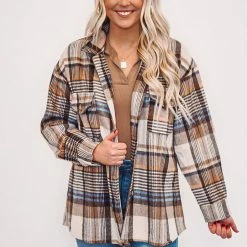 Purple Door Boutique Plaid Sass Brown Flannel Shacket New Arrivals