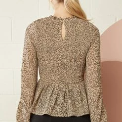 Purple Door Boutique Taupe Leopard Print Peplum Top Ladies'