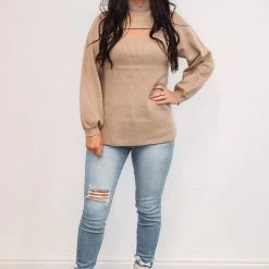 Purple Door Boutique Trendy Cutout Latte Sweater
