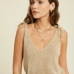 Purple Door Boutique Effortless Taupe Shoulder Tie Knit Tank Summer SALE