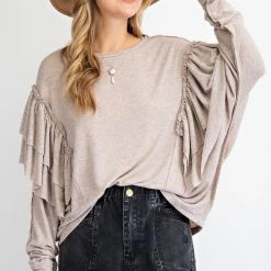 Purple Door Boutique Ladies' Best Ruffle Taupe Dolman Top