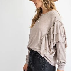 Purple Door Boutique Ladies' Best Ruffle Taupe Dolman Top