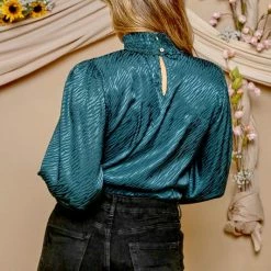 Purple Door Boutique New Arrivals Teal Satin Surplice Cutout Bodysuit