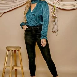 Purple Door Boutique New Arrivals Teal Satin Surplice Cutout Bodysuit