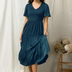 Purple Door Boutique Holiday Teal Satin Midi Dress