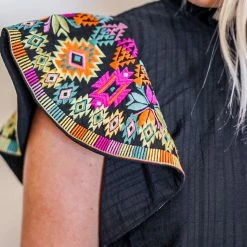 Purple Door Boutique Black Embroidered Flutter Sleeve Top New Arrivals