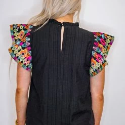 Purple Door Boutique Black Embroidered Flutter Sleeve Top New Arrivals
