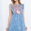 New Arrivals THML Flower Embroidered Blue Dress