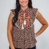 Purple Door Boutique THML Cheetah Embroidered Tassel Tie Ruffle Top