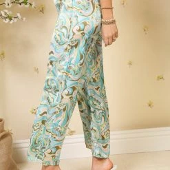Purple Door Boutique Aqua Satin Paisley Print Pants New Arrivals