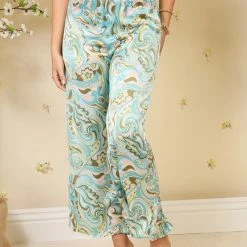 Purple Door Boutique Aqua Satin Paisley Print Pants New Arrivals