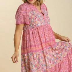 Purple Door Boutique New Arrivals Pink Floral Colorblock Midi Dress