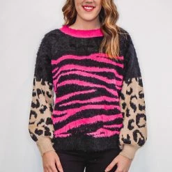 The Purple Door Boutique Animal Print Mohair Fuchsia Sweater New Arrivals