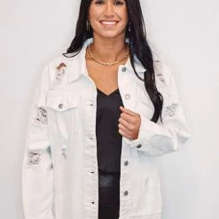Purple Door Boutique Glory Days White Distressed Denim Jacket