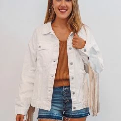 The Purple Door Boutique Oh My Fringe Ivory Denim Jacket Ladies'