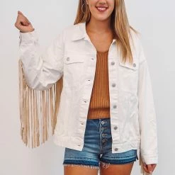 The Purple Door Boutique Oh My Fringe Ivory Denim Jacket Ladies'