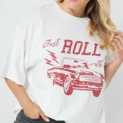 Purple Door Boutique Ladies' Just Roll Oversized Distressed Ivory Graphic Tee