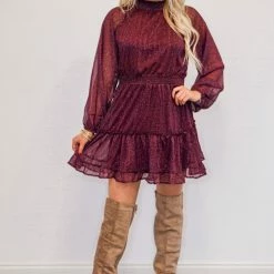 Purple Door Boutique Wine Shimmer Floral Print Dress New Arrivals